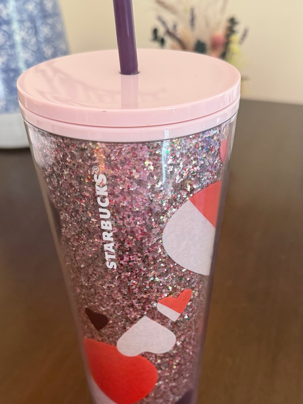 Starbucks Pink Glitter Heart Tumbler with Purple Straw